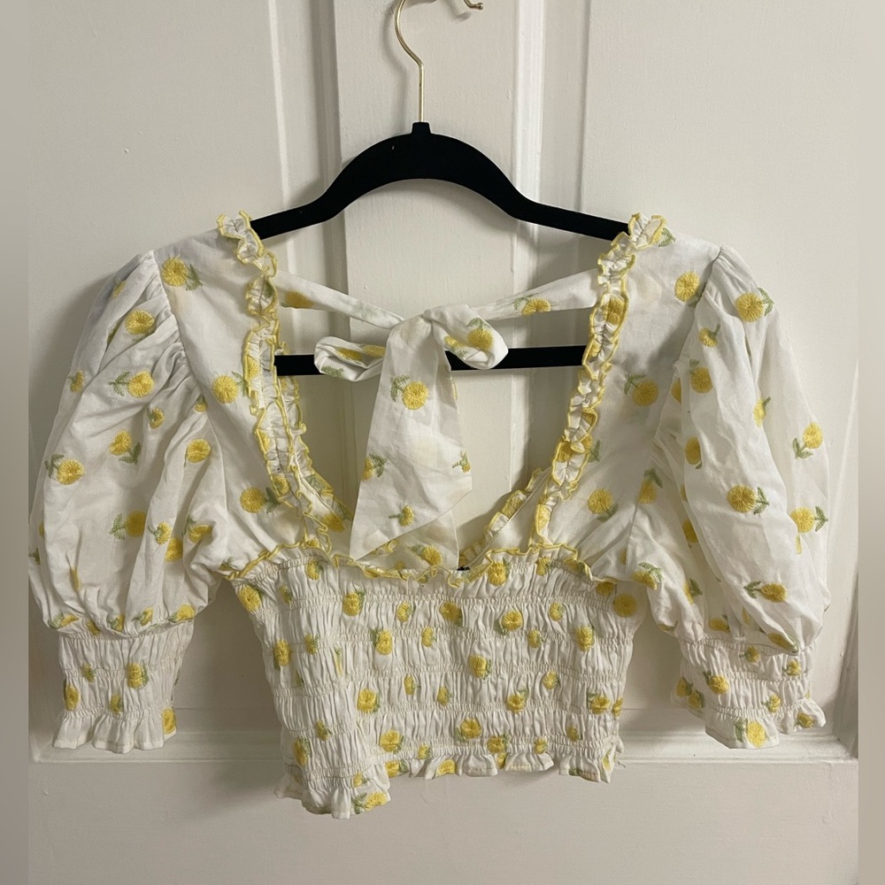 Forever 21 sunflower puff sleeve crop top with tie back size small